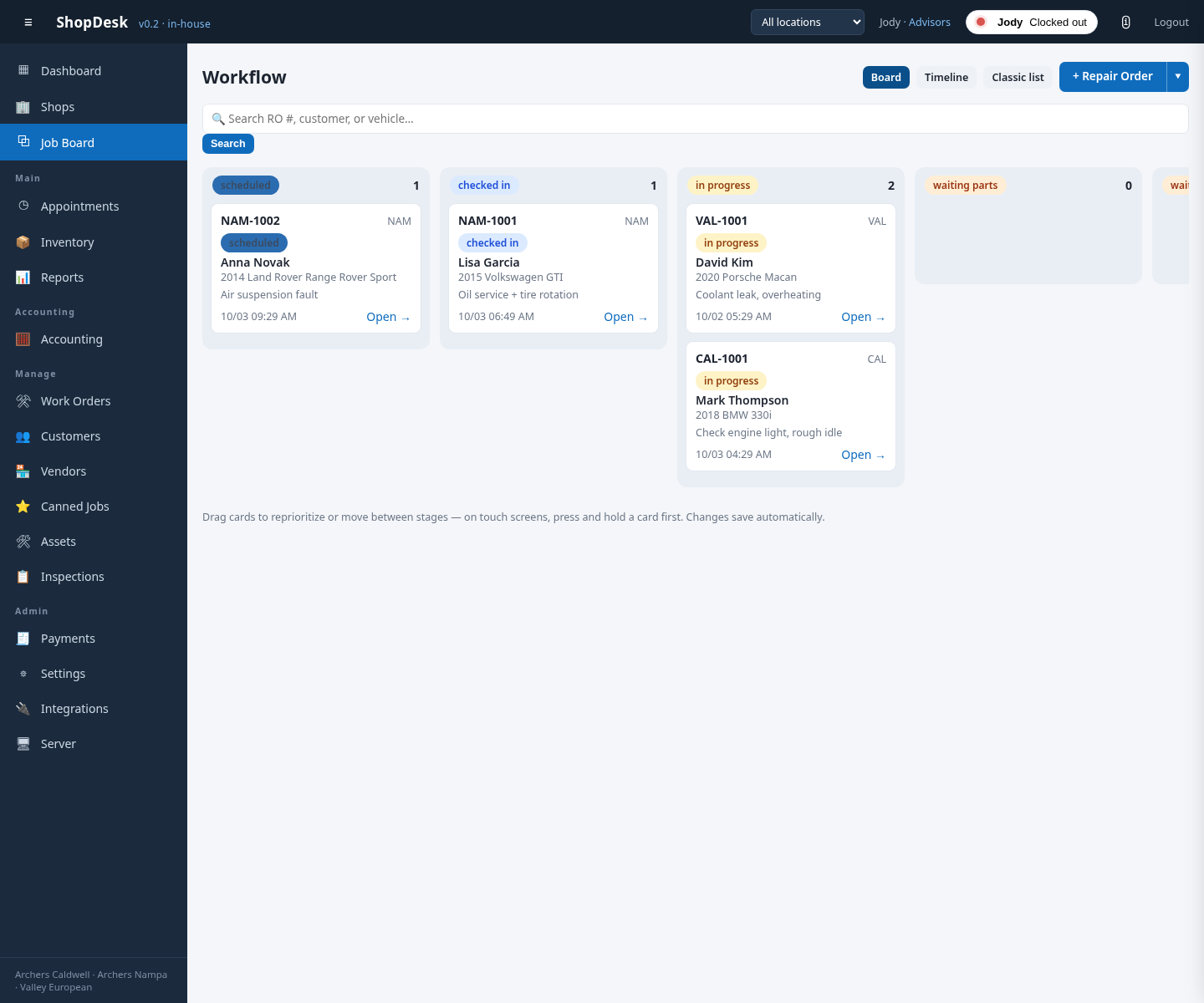 ShopDesk job board with repair orders moving through workflow columns